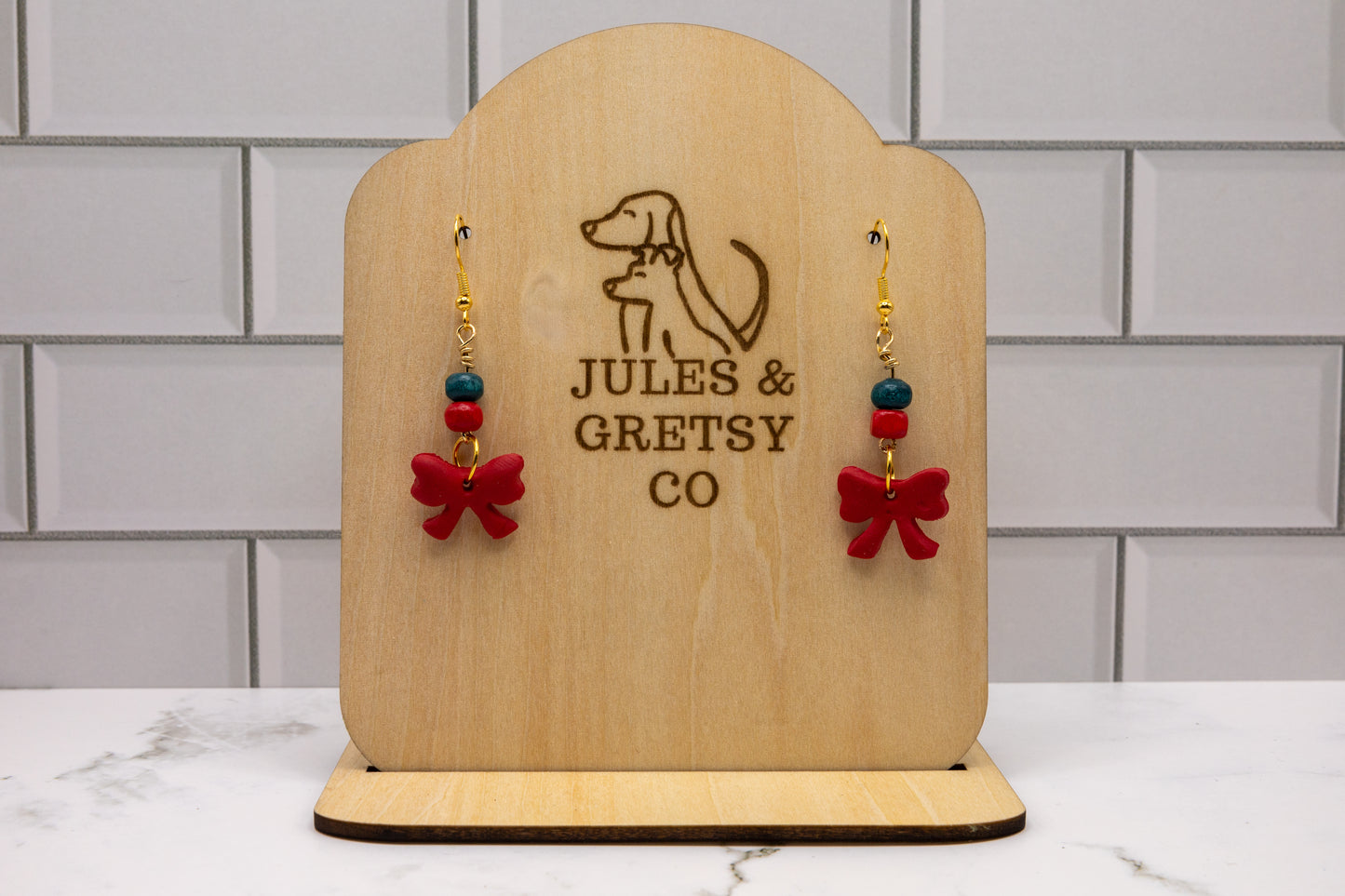 Red Bow and bead earrings